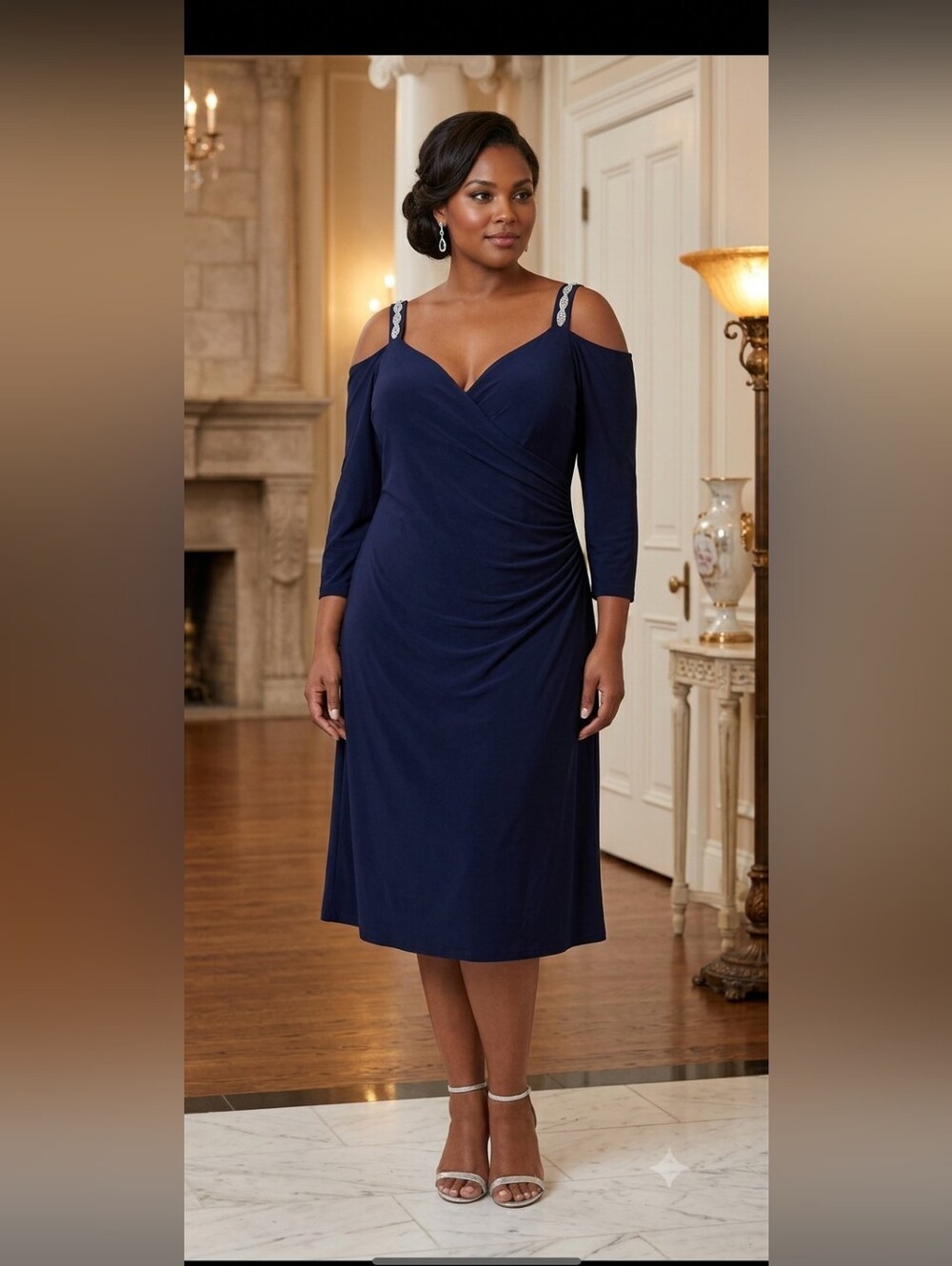 Igigi Navy Cold-Shoulder Midi Dress with Embellished Straps